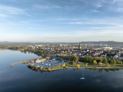 Aerial view of the town of Radolfzell on Lake Constance in spring-like vegetation with the