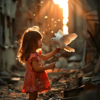 A little girl in ruins watches a pigeon land in a ray of the setting sun, destroyed houses, war,