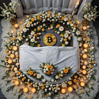 Creative conceptual image of a bitcoin symbol atop a flower-covered casket, symbolizing the end of