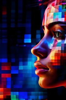 AI generated human portrait transitioning from lifelike human to a pixelated digital effect