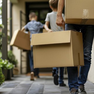 A family carries boxes to a new home, relocation, apartment relocation, housing shortage, AI