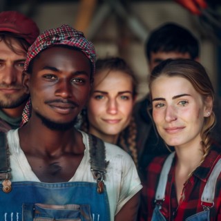 A diverse group of friends in work clothes posing together and smiling, group picture with people