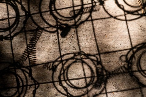 Shadows, suspension and spring baskets, Kyrkoe Mosse car cemetery, Ryd, Tingsryd, Kronobergs laen,