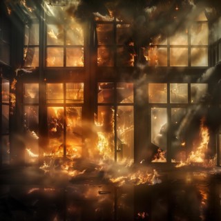 A building is in flames at night, visible through numerous glass windows, indicating complete