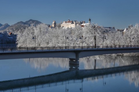View over the Lech to Fuessen, Ostallgaeu, Swabia, Bavaria, Germany, Fuessen, Ostallgaeu, Bavaria,