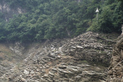 Cruise ship on the Yangtze River, Hubei Province, China, Asia, Layered cliff with green plants and