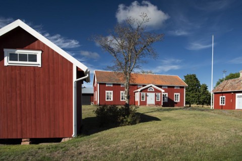 Falun red or Swedish red painted houses, farm, Geta, Aland, or Aland Islands, Gulf of Bothnia,