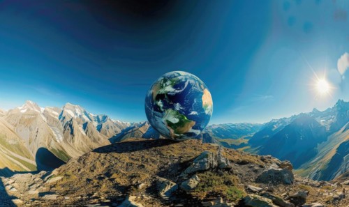 An Earth globe set against a mountain backdrop with a clear blue sky AI generated