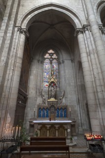 Marian altar with sacrificial candles, Notre Dame de l'Assomption Cathedral, Lucon, Vendee, France,