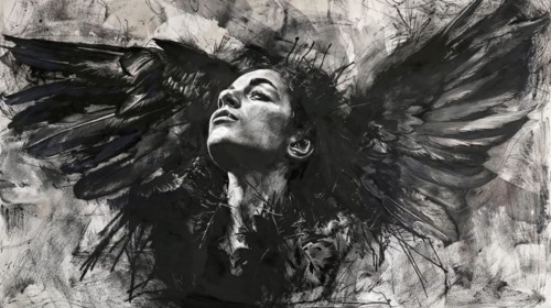 Intense emotional depiction of a woman with spread crow's wings, in black and white, raven woman,