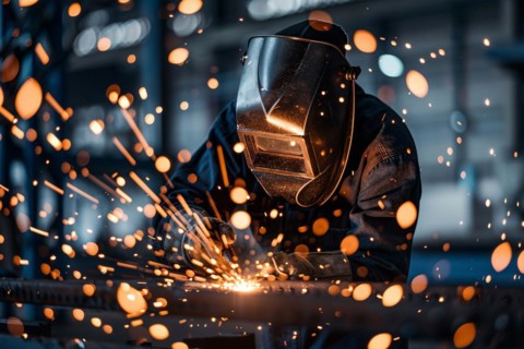 Factory worker in protecvtive helpet cutting material with laser. KI generiert, generiert, AI