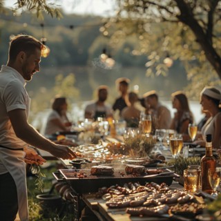 Barbecue party, guests with glasses in their hands stand around a chef who is grilling sausages and