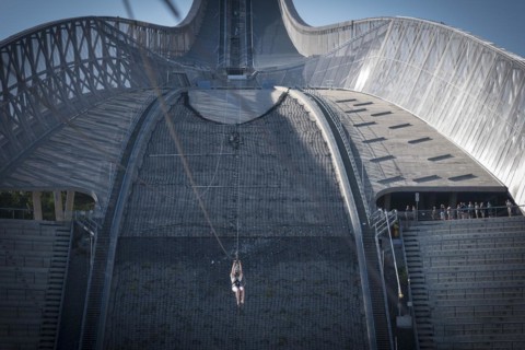 Tourist on zip line, summer activity at Holmenkollen, ski jump, ski jump, Oslo, Norway, Europe