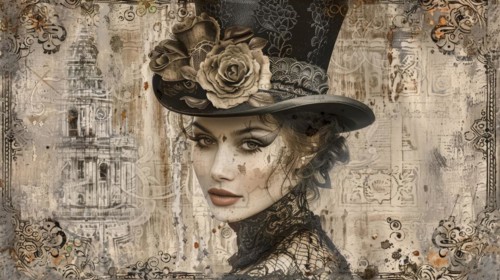 A steampunk-inspired vintage portrait of a woman adorned with a hat and rose accents, ai generated,
