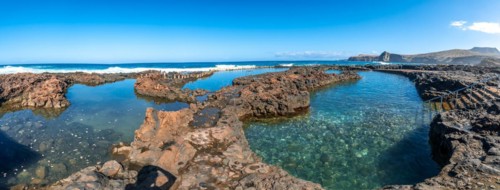 Panoramic view of the Las Salinas de Agaete natural pools in Puerto de Las Nieves in Gran Canaria,