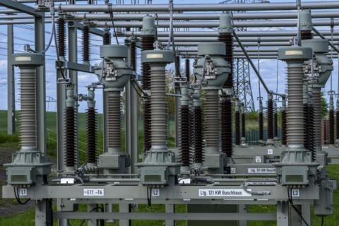 Insulators at the Avacon substation in Helmstedt, Helmstedt, Lower Saxony, Germany, Europe