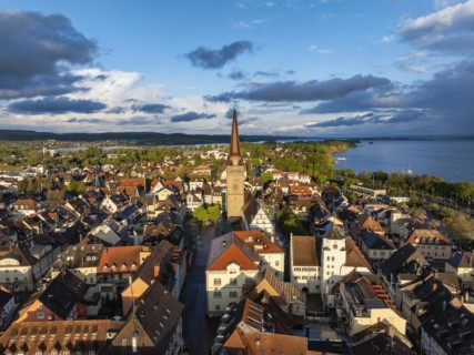 Aerial view of the town of Radolfzell on Lake Constance with the Radolfzell Minster in front of