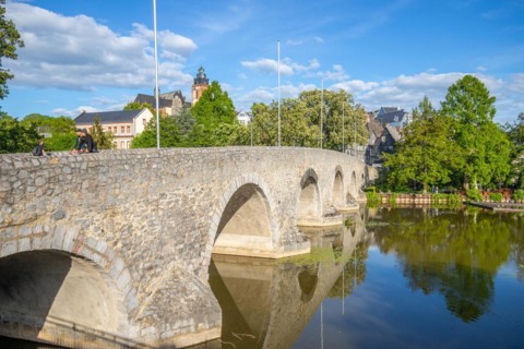View of an old town, half-timbered houses in a town. Streets and bridges at the river Lahn in the