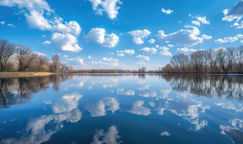 A serene spring lake reflecting the clear blue sky and fluffy white clouds AI generated