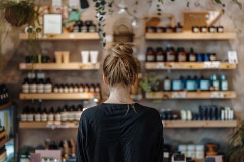Young woman standing in front of shelves with cosmetic and makeup products in store. KI generiert,