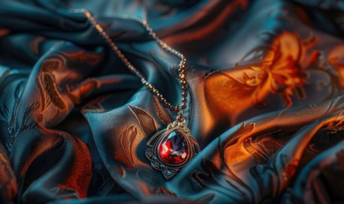 A gemstone pendant suspended on a delicate chain against a backdrop of silky satin materia AI