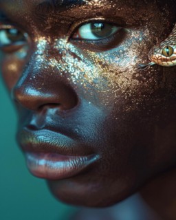 Mystic portrait of a dark-skinned non binary individual with golden glitter and snake, exuding