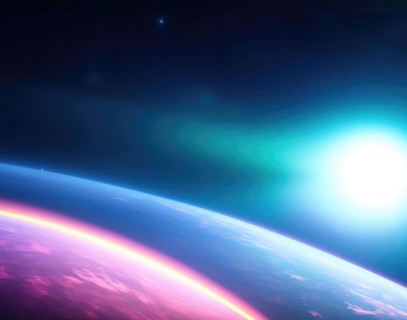 Bright light is directed towards the planet causing flares in the atmosphere. Generative AI image,