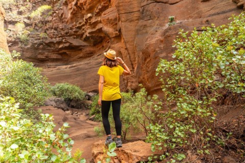 A woman tourist in the limestone canyon Barranco de las Vacas in Gran Canaria, Canary Islands