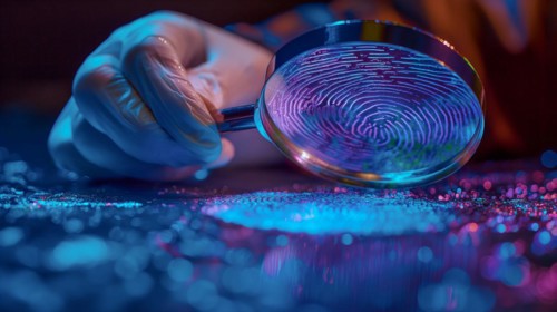 Crime scene with investigator wearing surgical glove viewing A fingerprint through the glass of a