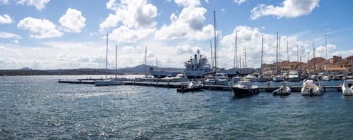 Boats in the harbour, panoramic view, Maddalena, Isola La Maddalena, Sardinia, Italy, Europe