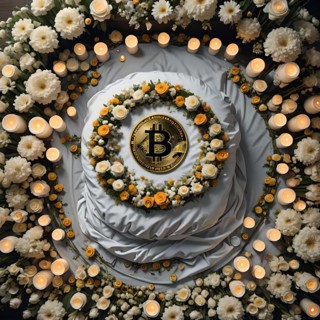 Conceptual image depicting a bitcoin symbol on a funeral wreath, symbolizing the demise of
