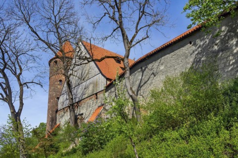 Brick tower of St Blasius Church and town wall, Kaufbeuern, Allgaeu, Swabia, Bavaria, Germany,