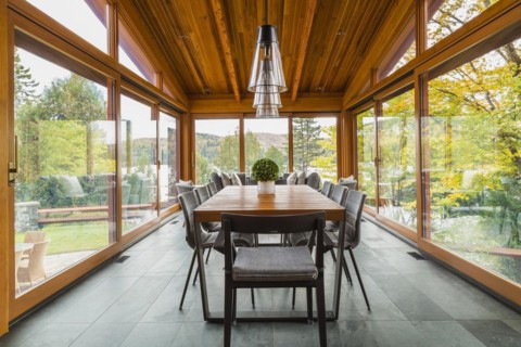 Four season gazebo and industrial style black with clear glass pendant lighting fixtures over wood