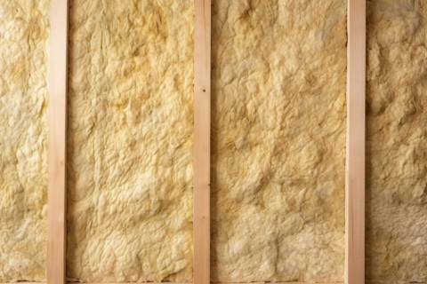 Close up of wall with mineral wool isolation between wooden beams. KI generiert, generiert, AI