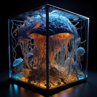 3D illustration of jellyfish in a glass aquarium. ai generated, AI generated