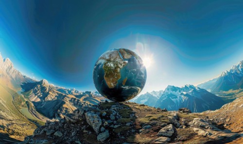 An Earth globe set against a mountain backdrop with a clear blue sky AI generated