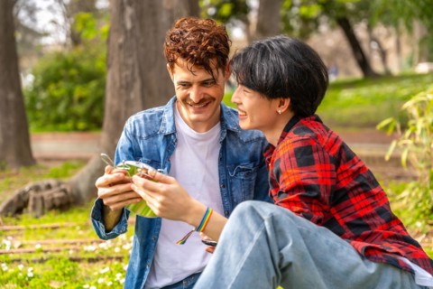 Gay couple enjoying a day in the park sitting together under the sun