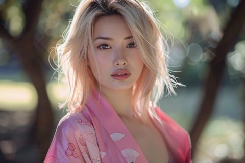 Beautiful young woman with pink kimono with blurry trees in background. KI generiert, generiert, AI