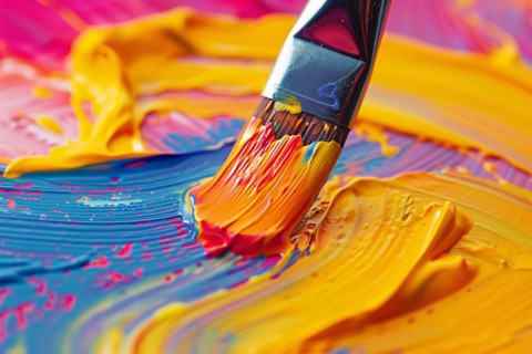Close up of art brush painting thick oil paint strokes on canvas. KI generiert, generiert, AI
