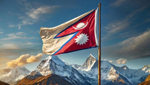 The flag of Nepal, fluttering in the wind, isolated against a blue sky