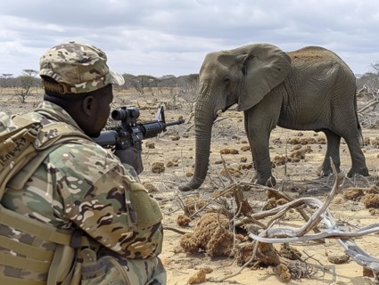 Elephant hunting in Africa, AI generated
