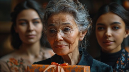 An elegant elderly woman with a subtle smile and glasses, anticipating the opening of a gift, AI