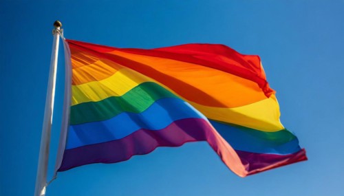 The rainbow flag flutters in the wind, isolated, against the blue sky. In many cultures around the