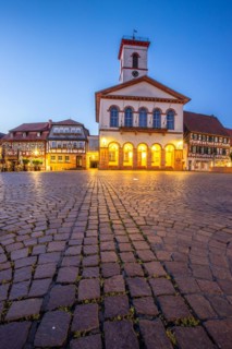 View of an old town, half-timbered houses and streets in a town. Seligenstadt am Main, Hesse