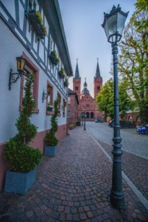 View of an old town, half-timbered houses and streets in a town. Seligenstadt am Main, Hesse
