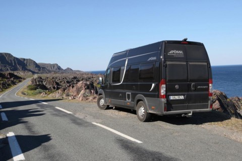 Camper, motorhome on the single-lane coastal road to Hamningberg on the Barents Sea, Lapland,