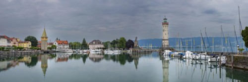 Harbour with man tower, lighthouse and Bavarian lion, Lindau, Lake Constance, Bavaria, Germany,