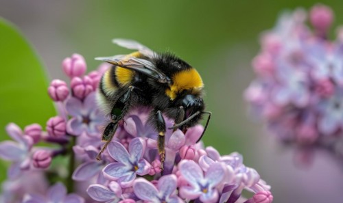 Close-up of a bumblebee pollinating lilac flowers AI generated