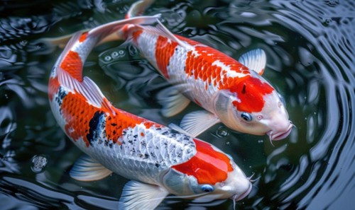 Close-up of a pair of koi fish swimming in a pond AI generated