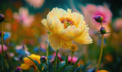 Close-up of a yellow peony blooming in the garden AI generated